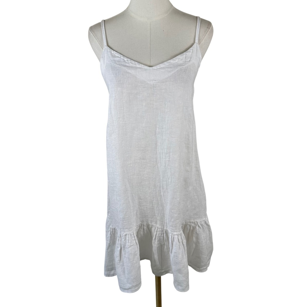 Bellambra Dress M White Linen Spaghetti Strap Ruffle Hem Coastal Made in Italy